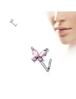 Piercing nez tige en L papillon gemmes roses