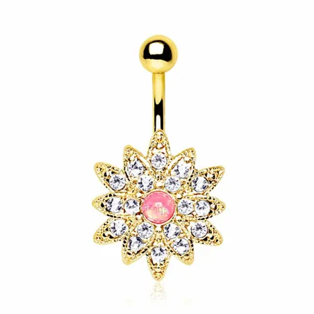 Piercing nombril fleur plaqué opale rose