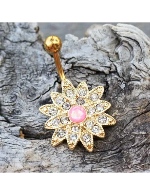 Piercing nombril fleur plaqué opale rose