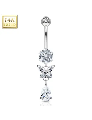 Piercing nombril Or Blanc 14 Carats fleur papillon