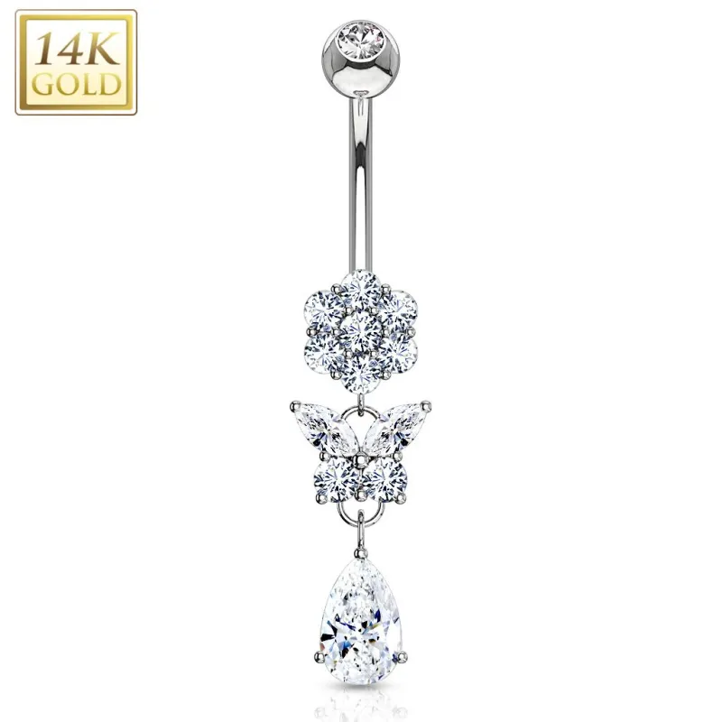 Piercing nombril Or Blanc 14 Carats fleur papillon