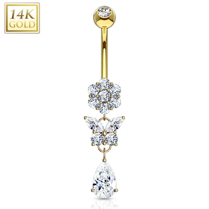 Piercing nombril Or Jaune 14 Carats fleur papillon