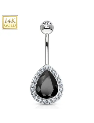 Piercing nombril or blanc 14 carats poire noire