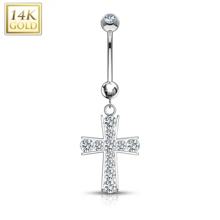Piercing nombril Or blanc 14 carats barre croix