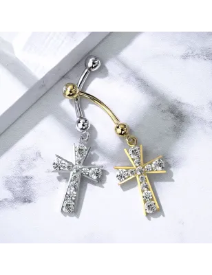 Piercing nombril Or blanc 14 carats barre croix