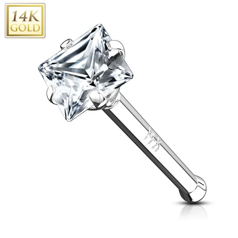 Piercing nez tige droite Or blanc 14 carats gemme carré Piercing nez tige droite Or blanc 14 carats gemme carré