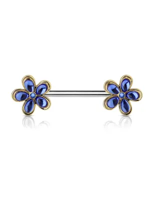 Piercing téton doré double fleurs bleues