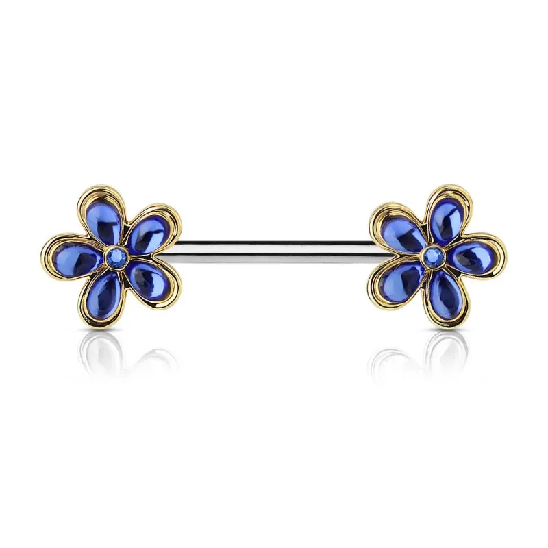 Piercing téton doré double fleurs bleues