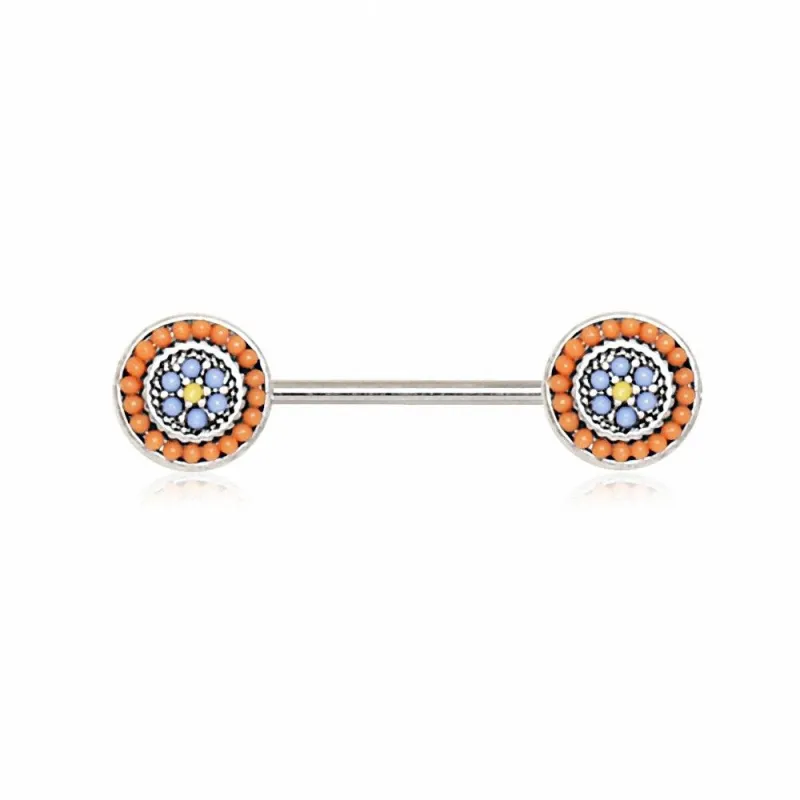 Piercing téton multiples perles orange bleu