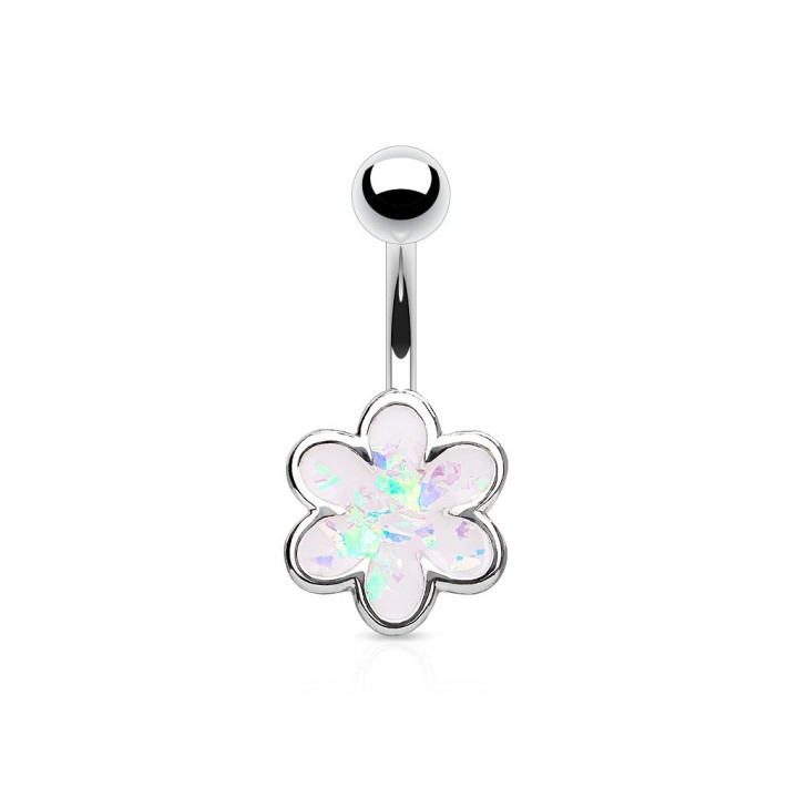 Piercing nombril fleur à 6 pétales opale blanche