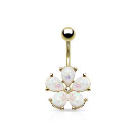 Piercing nombril doré fleur pétales opale blanche