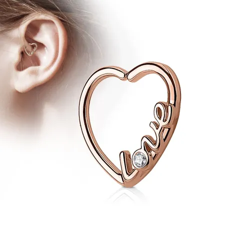 Piercing cartilage daith coeur or rosé love strass