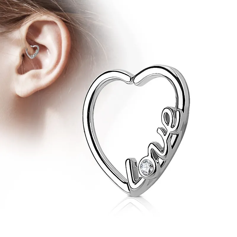 Piercing cartilage daith coeur argenté love strass