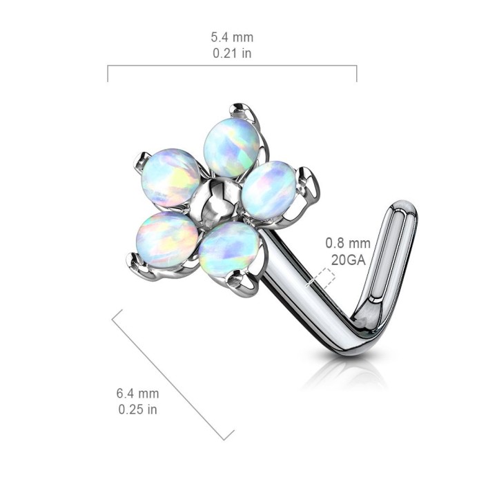 Piercing nez tige en L fleur 5 opales blanches