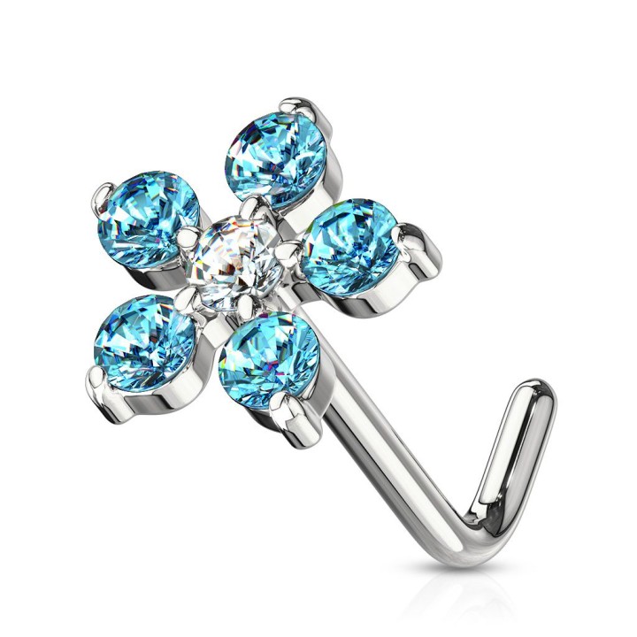 Piercing nez tige en L fleur 6 gemmes turquoises