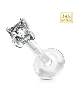 Piercing oreille labret Bioplast et Or Blanc 14K Gemme Carré