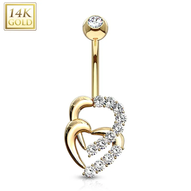 Piercing nombril Or jaune 14 carats coeurs entrelacés