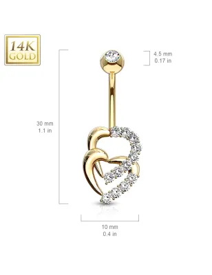 Piercing nombril Or jaune 14 carats coeurs entrelacés