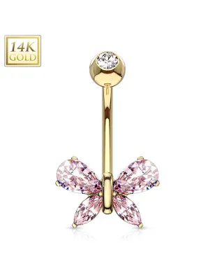 Piercing nombril Or jaune 14 carats papillon gemme rose