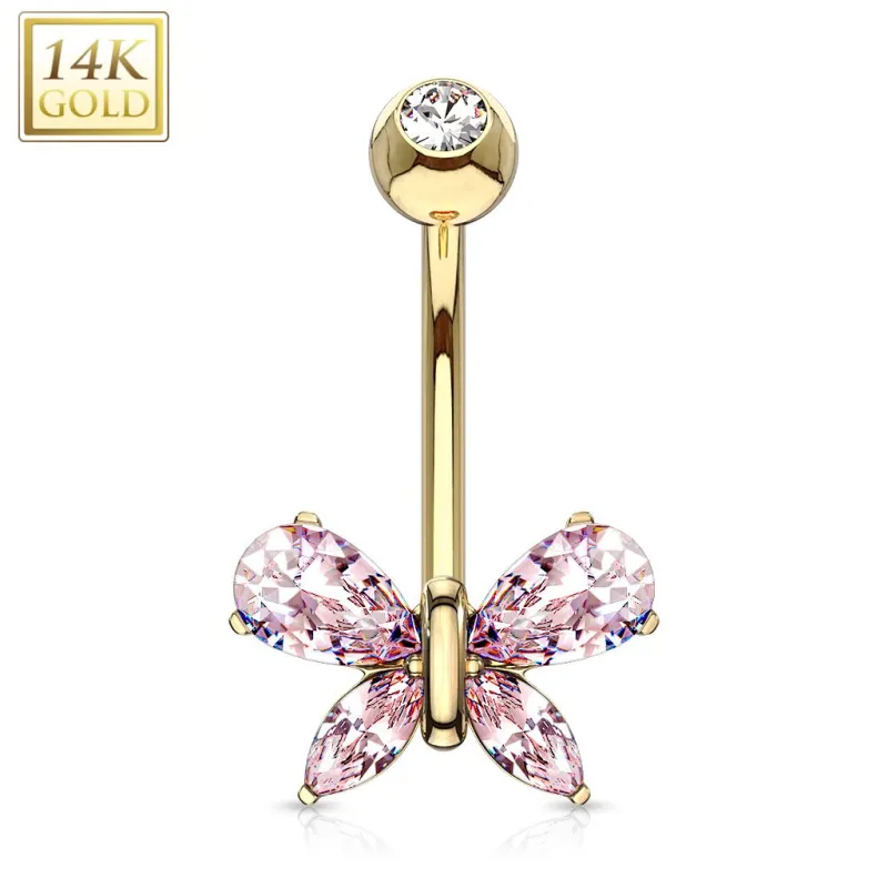 Piercing nombril Or jaune 14 carats papillon gemme rose