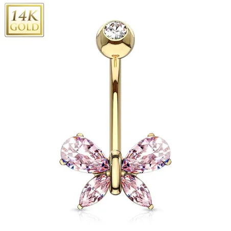 Piercing nombril Or jaune 14 carats papillon gemme rose
