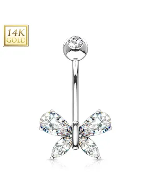 Piercing nombril Or blanc 14 carats papillon gemme blanc