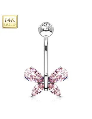 Piercing nombril Or blanc 14 carats papillon gemme rose