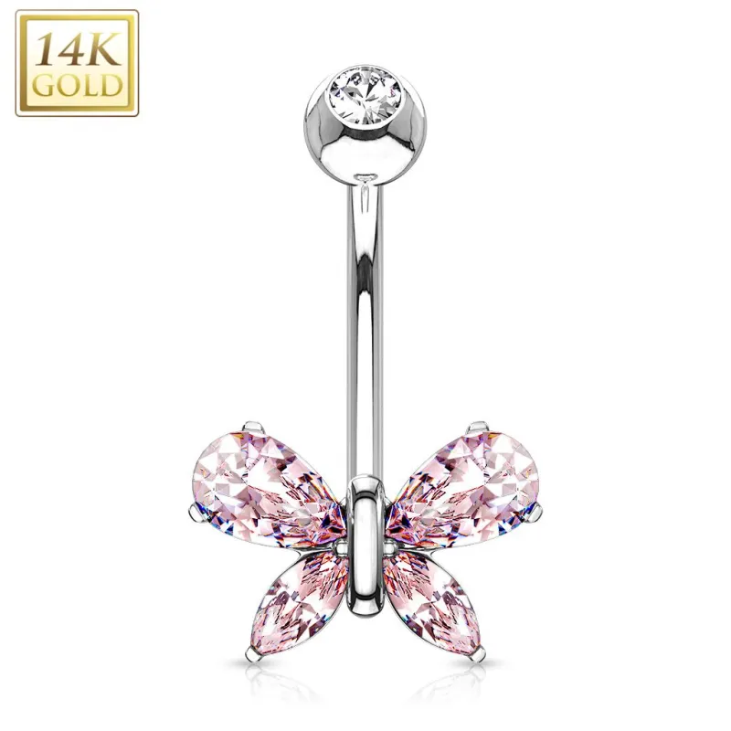 Piercing nombril Or blanc 14 carats papillon gemme rose
