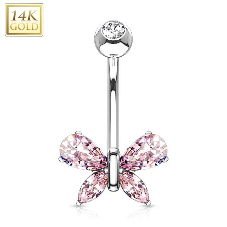 Piercing nombril Or blanc 14 carats papillon gemme rose