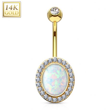 Piercing nombril or 14 carats opale de synthèse ovale