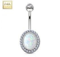 Piercing nombril or blanc 14 carats opale de synthèse ovale