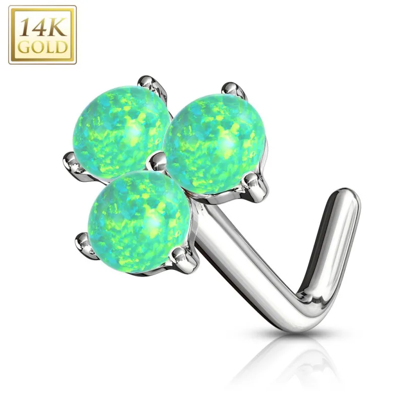 Piercing nez Or blanc 14 carats trois opales vertes