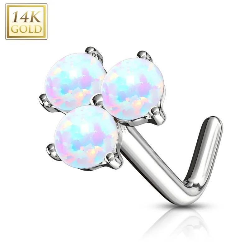 Piercing nez Or blanc 14 carats trois opales blanches