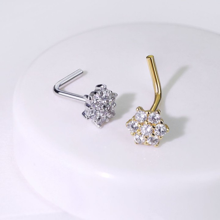Piercing nez Or jaune 14 carats fleur 7 gemmes