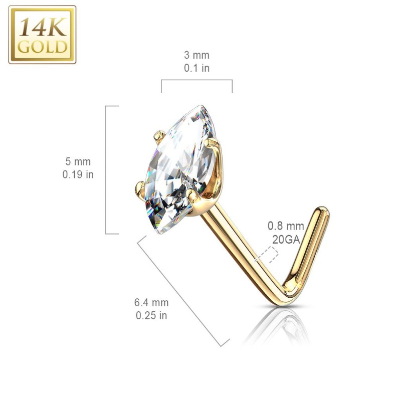 Piercing Pour Nez En Or Jaune 14 Carats - Tige Courbée 0.8x6 Mm, Avec Gemme Turquoise - Neuf Avec étiquettes