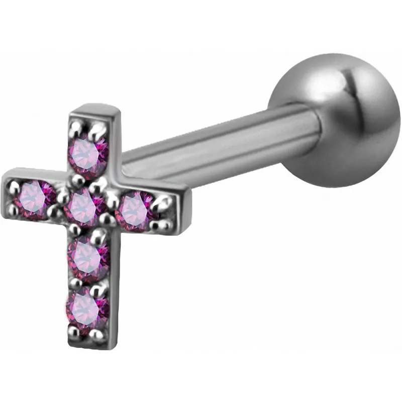 Piercing cartilage hélix croix Swarovski Zirconia fuchsia