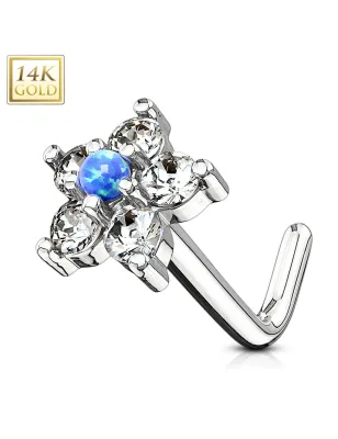 Piercing nez Or blanc 14 carats tige L fleur et opale bleu