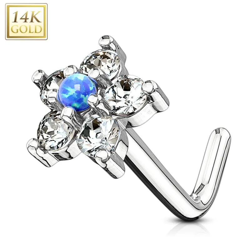 Piercing nez Or blanc 14 carats tige L fleur et opale bleu