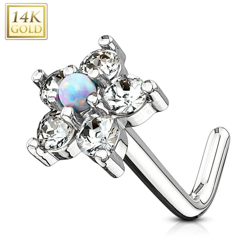 Piercing nez Or blanc 14 carats tige L fleur et opale blanche