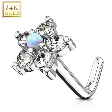 Piercing nez Or blanc 14 carats tige L fleur et opale blanche