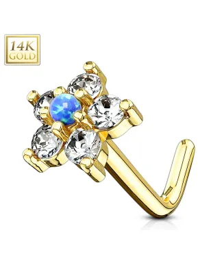 Piercing nez Or jaune 14 carats tige L fleur et opale bleu