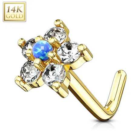 Piercing nez Or jaune 14 carats tige L fleur et opale bleu
