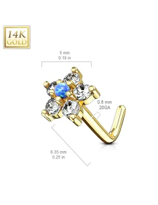 Piercing nez Or jaune 14 carats tige L fleur et opale bleu
