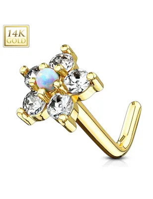 Piercing nez Or jaune 14 carats tige L fleur et opale blanc