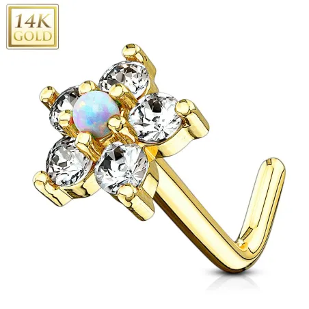 Piercing nez Or jaune 14 carats tige L fleur et opale blanc