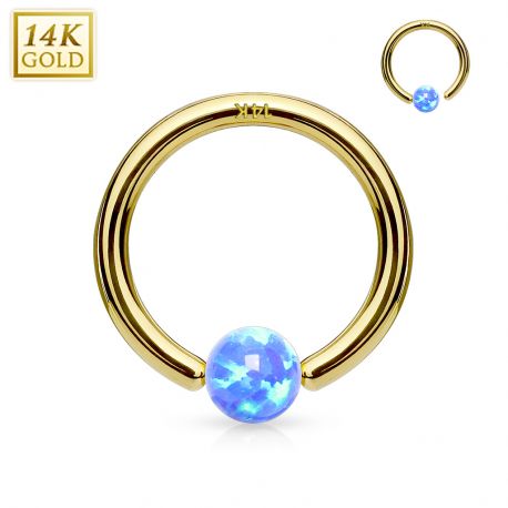 Piercing anneau captif en or jaune 14 carats pour nez oreille opale bleue