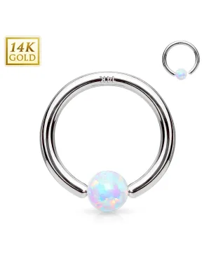 Piercing anneau captif en or blanc 14 carats pour nez oreille opale blanche