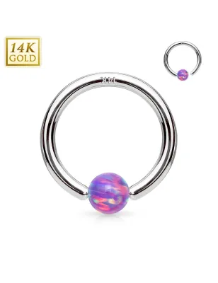 Piercing anneau captif en or blanc 14 carats pour nez oreille opale violette
