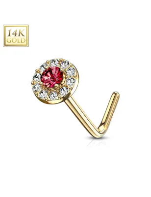 Piercing nez Or jaune 14 carats tige L rond gemme rouge