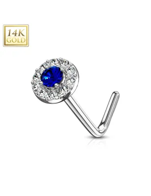 Piercing nez Or blanc 14 carats tige L rond gemme bleu